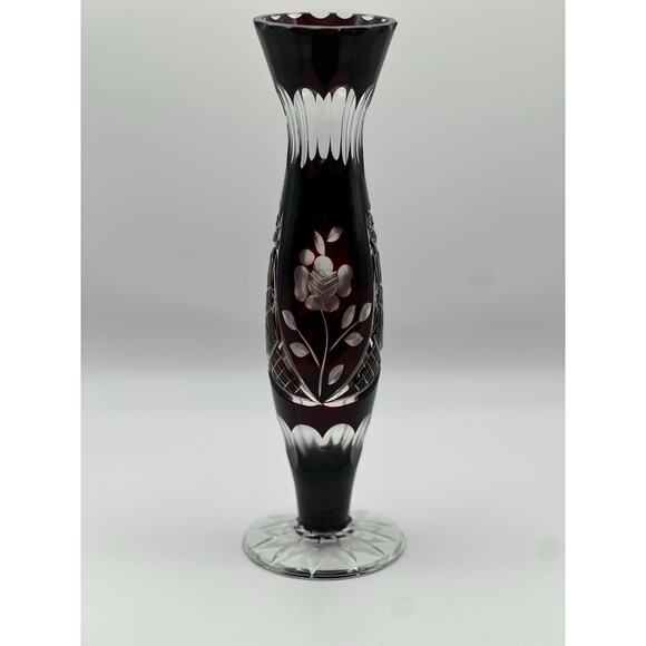 Vintage Ruby Cut Glass Bud Vase Floral Etched Crystal 8” Tall - Picture 1 of 10